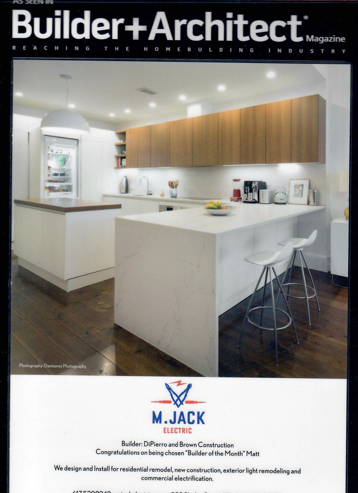 A magazine cover with a modern kitchen, featuring M Jack Electric Inc