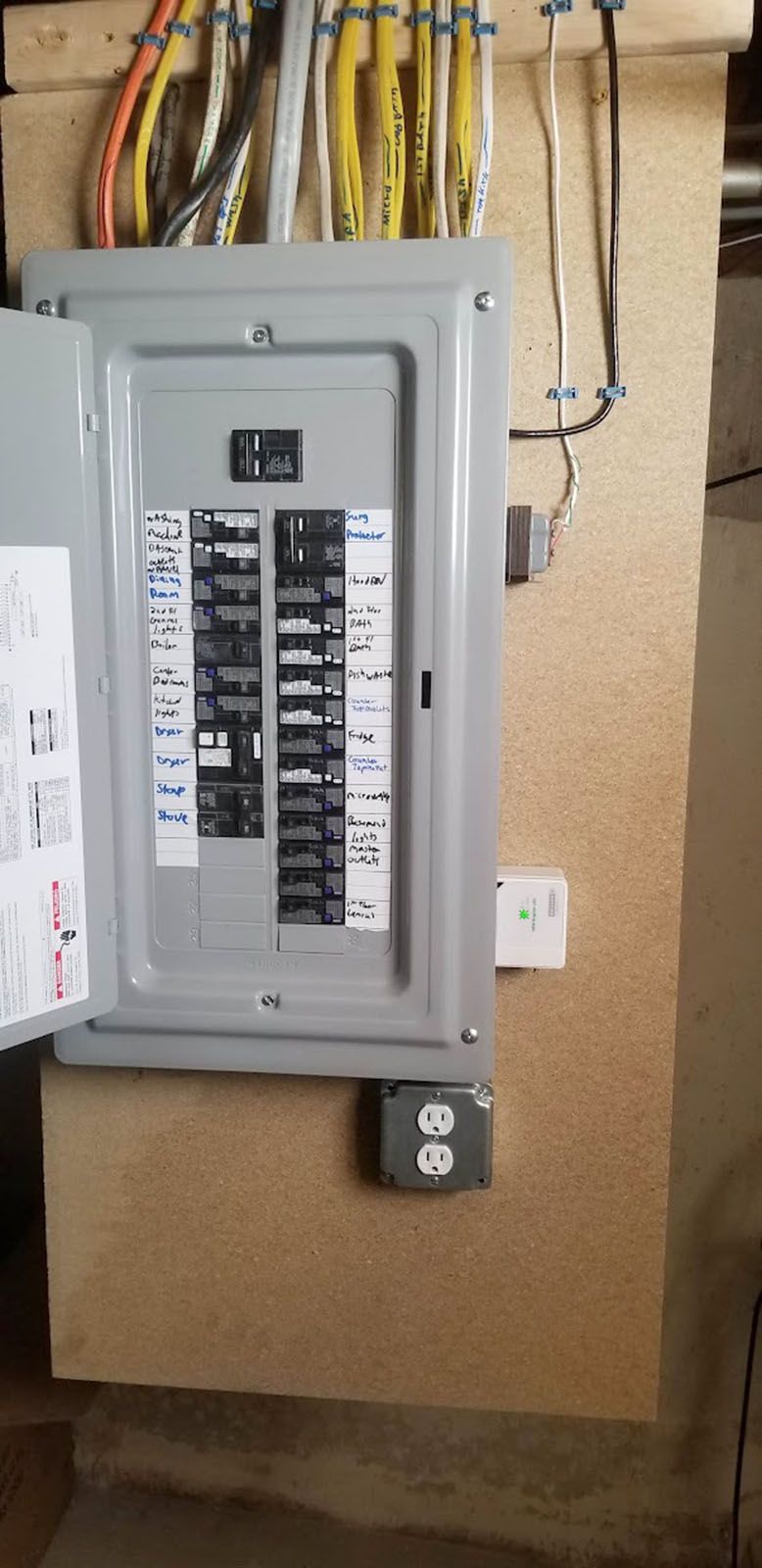 Electrical panel with breakers and wiring, installed on a wall