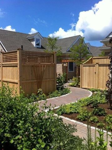 Curved garden path beside wooden fences and lush plants under a bright blue sky