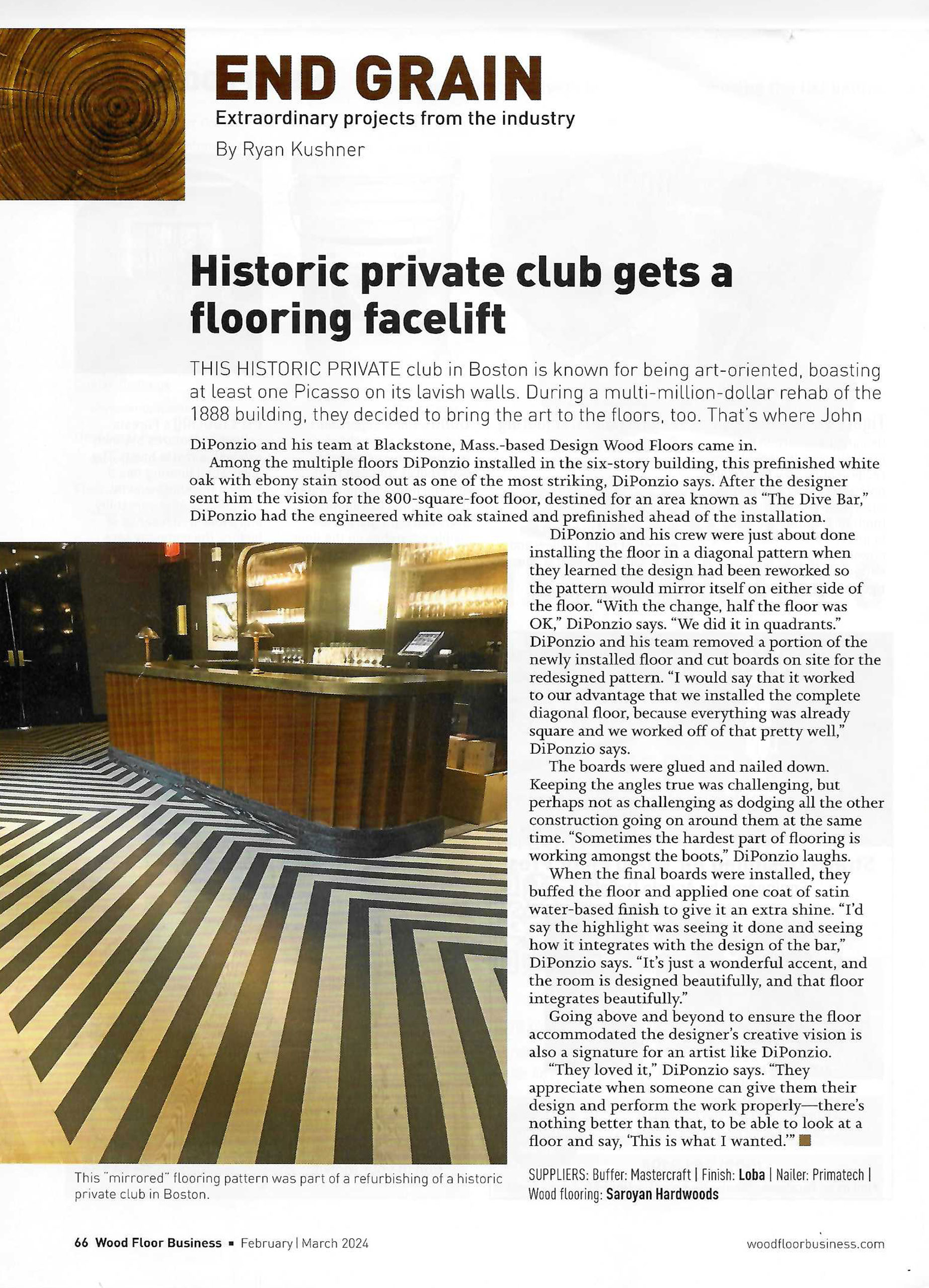 Interior of a club with a renovated black and white striped floor and bar. Text above: 