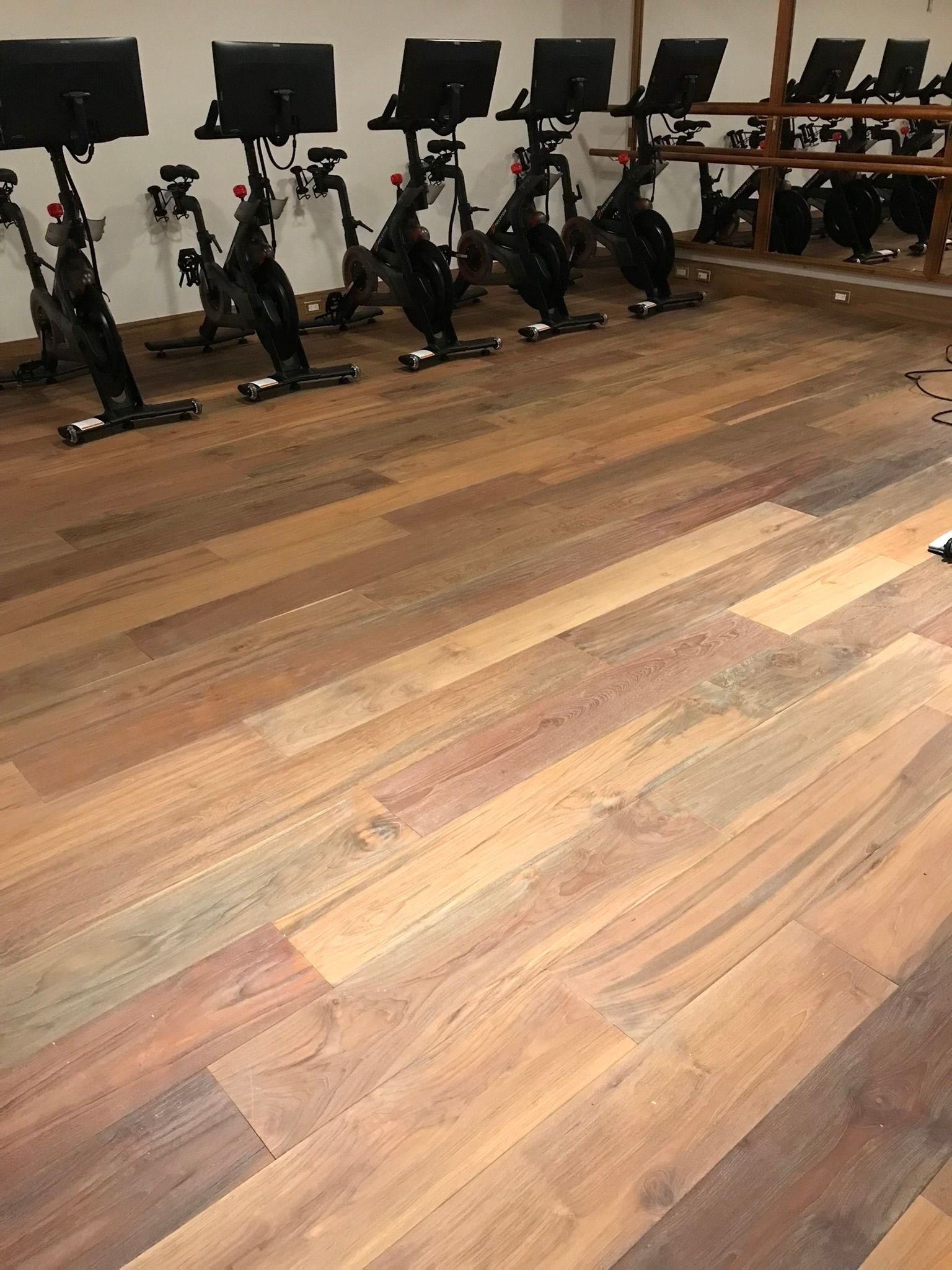 Spin bikes on wood floor in a gym; rows of bikes face away.