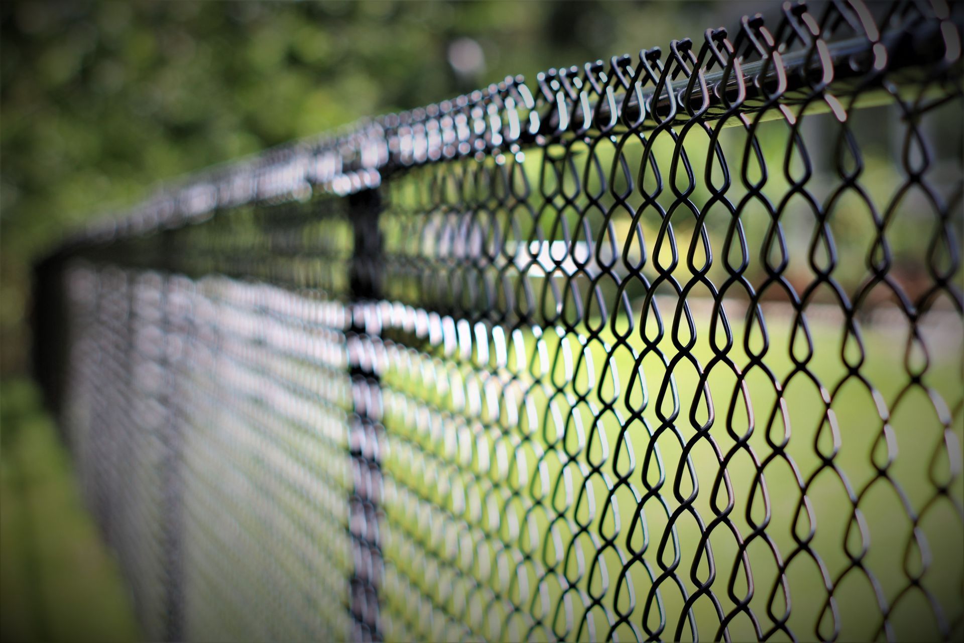 A close up of a chain link fence in a park.