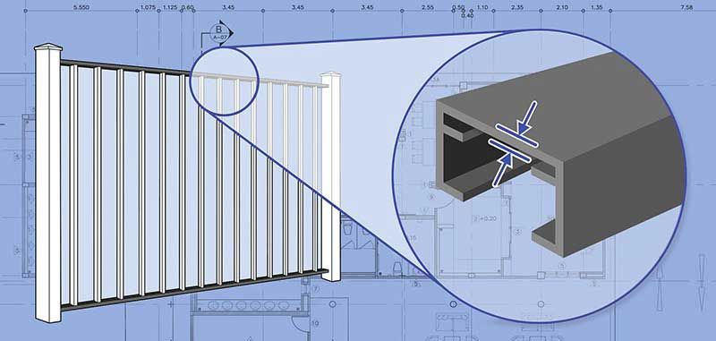 A drawing of a railing with a circle around it