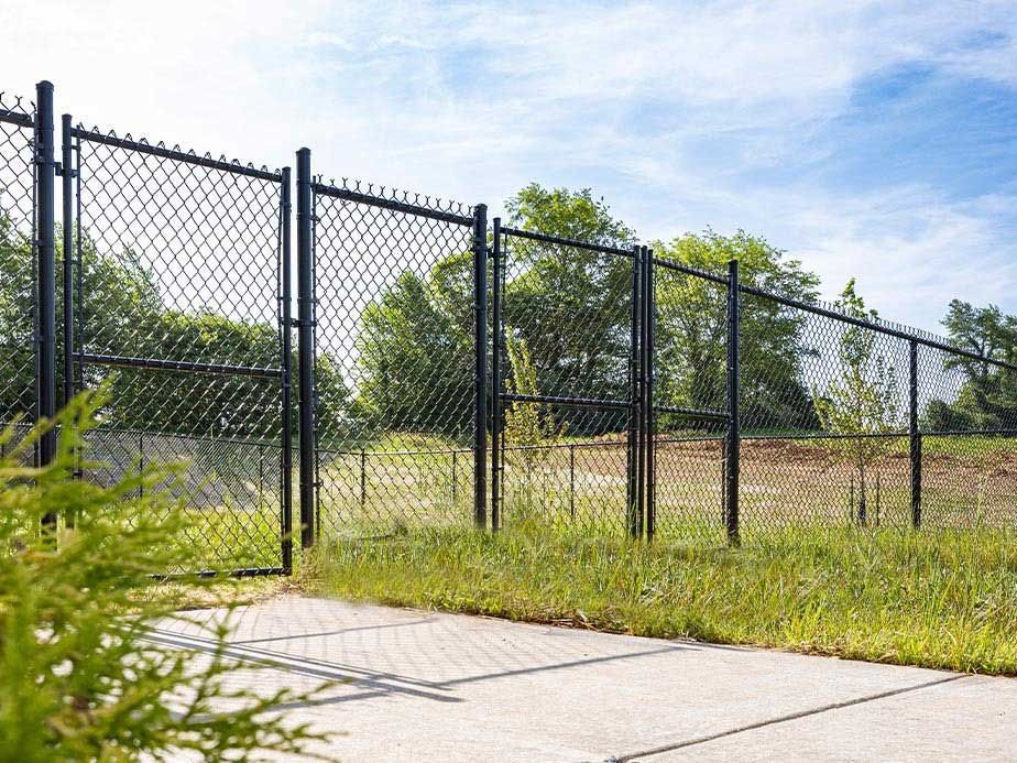 A chain link fence with a gate is surrounded by grass and trees.