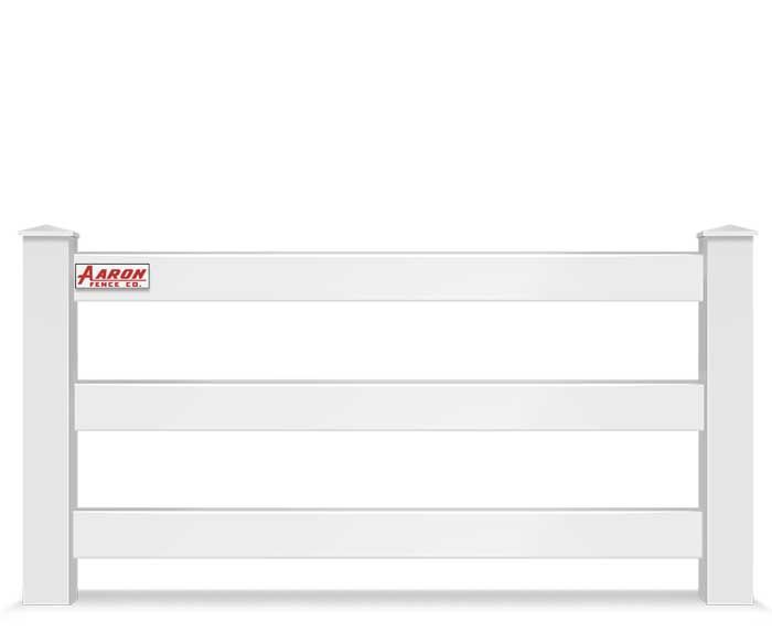 A white fence with three rails on a white background.
