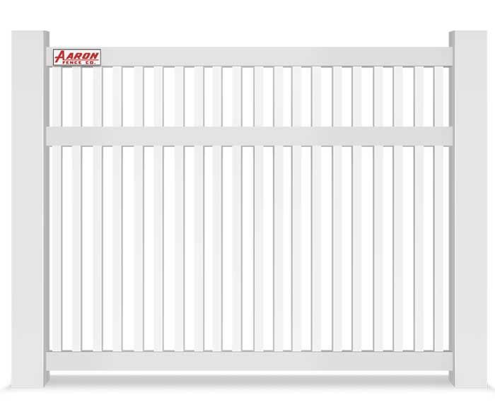 A white fence with a red logo on it is on a white background.