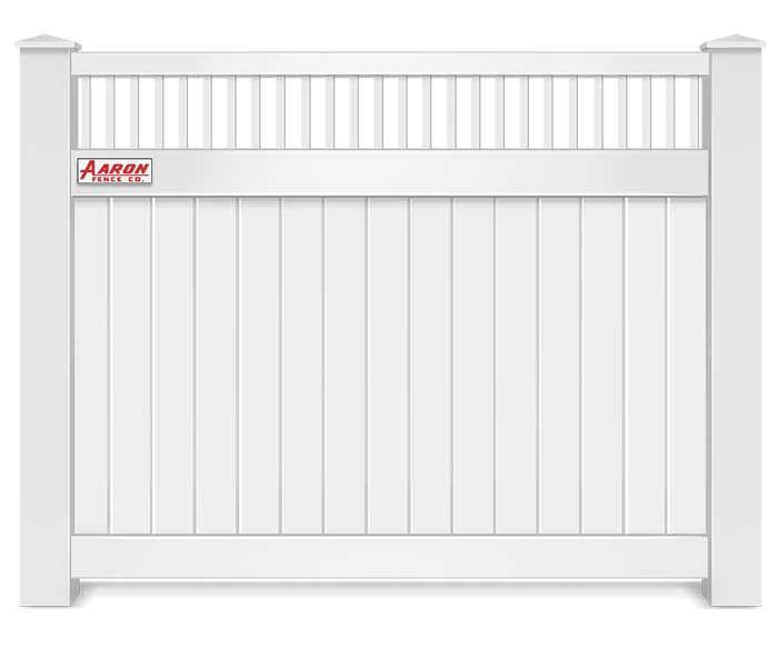 A white vinyl fence with a red logo on it.