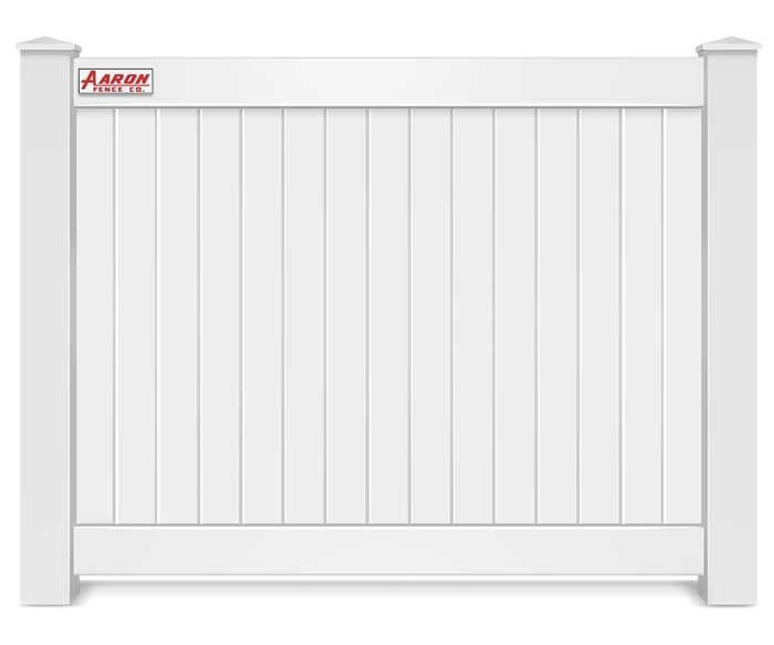A white vinyl fence with a red logo on the top of it on a white background.