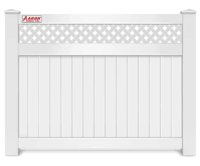 A white fence with a lattice top and a aaron logo