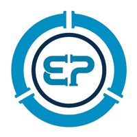 Logo for "EP" featuring blue, pipe-shaped letters in the center, enclosed by a blue, segmented circular pipe frame.