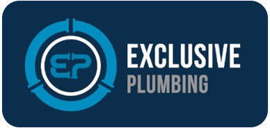 Logo for Exclusive Plumbing featuring the letters "EP" stylized as pipes inside a blue circle on a dark blue background.
