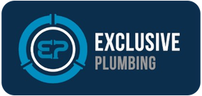 Logo for Exclusive Plumbing featuring the letters "EP" stylized as pipes inside a blue circle on a dark blue background.
