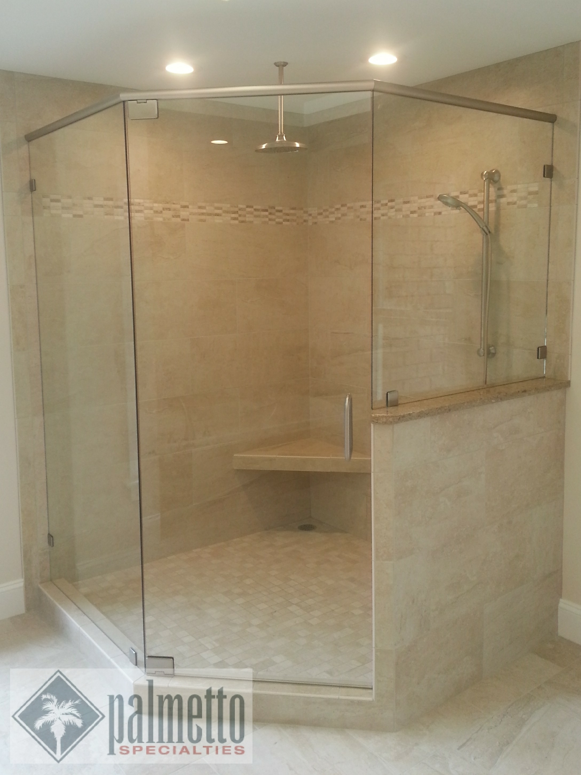 A bathroom with a shower and a sign that says palmetto