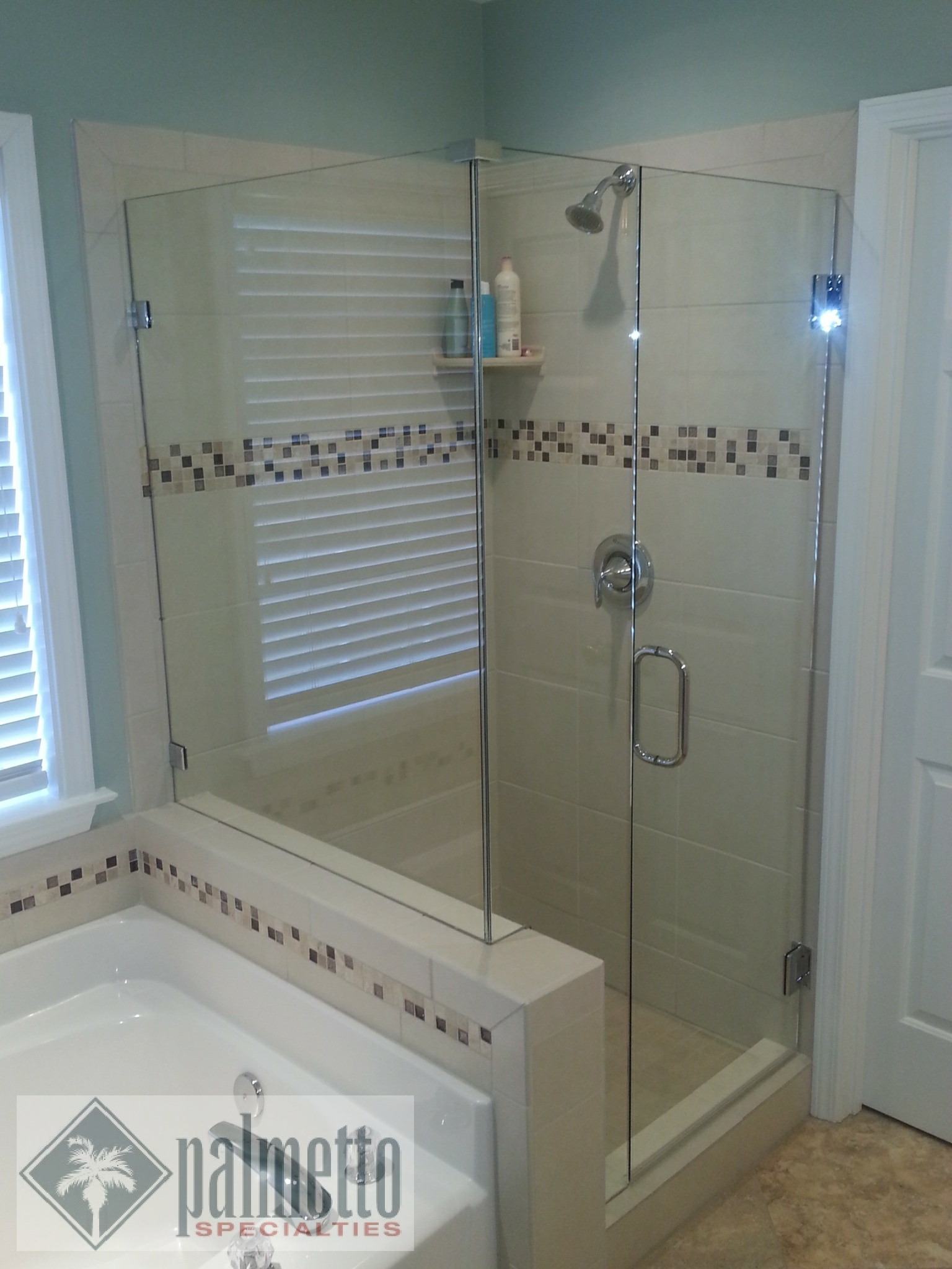 A bathroom with a walk in shower and a bathtub