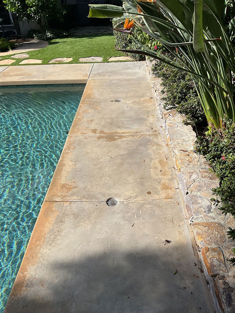 Poolside concrete path next to pool and bushes.