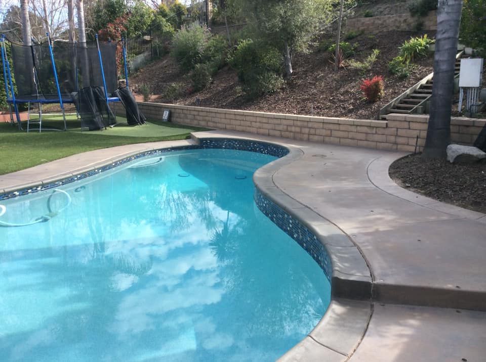 Swimming pool with blue water and curved concrete pathway in a backyard. A trampoline is visible in the background.