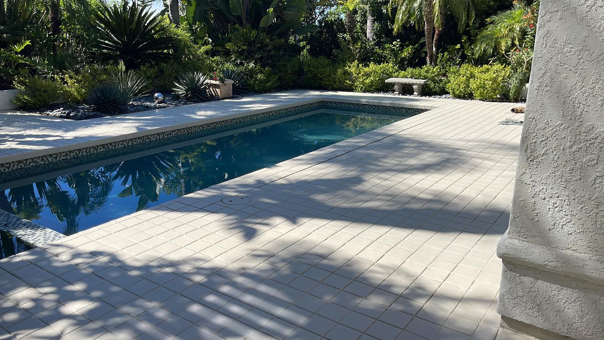 Pool and patio area with lush greenery and a bench in the background; sunny day.