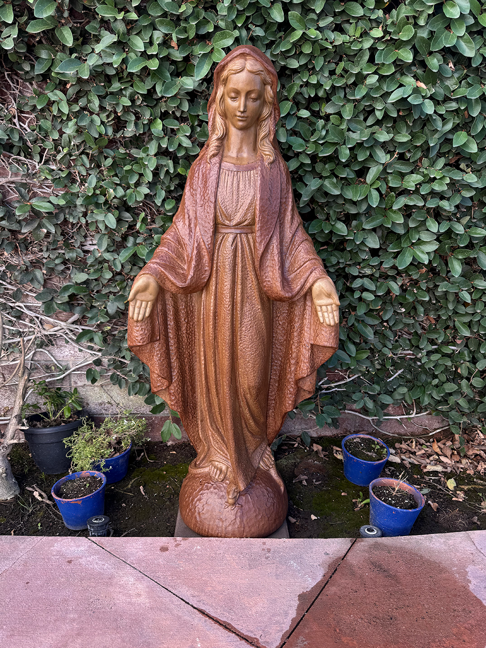 Statue of the Virgin Mary, bronze-colored, arms open, set against a green leafy backdrop with potted plants.