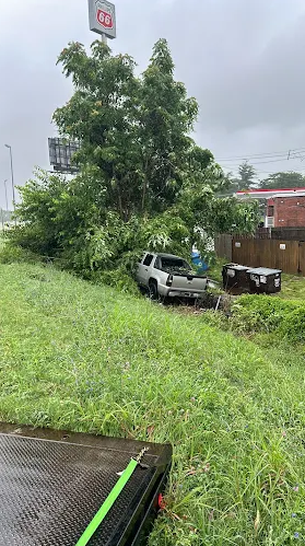 A silver pickup truck is lodged in a ditch next to a tree and billboard. Green grass and a tow truck platform are in the foreground.