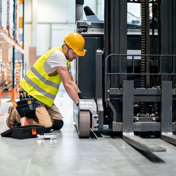 A man is working on a forklift in a warehouse.