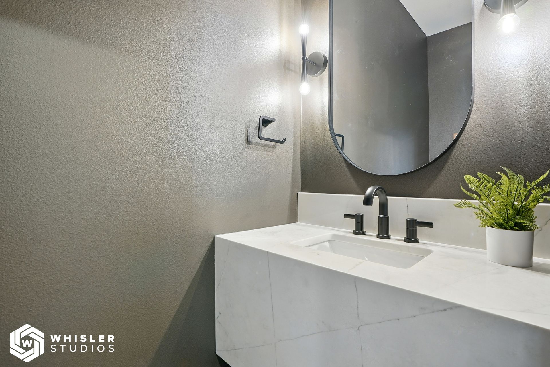 A bathroom with a sink, mirror, and plant.