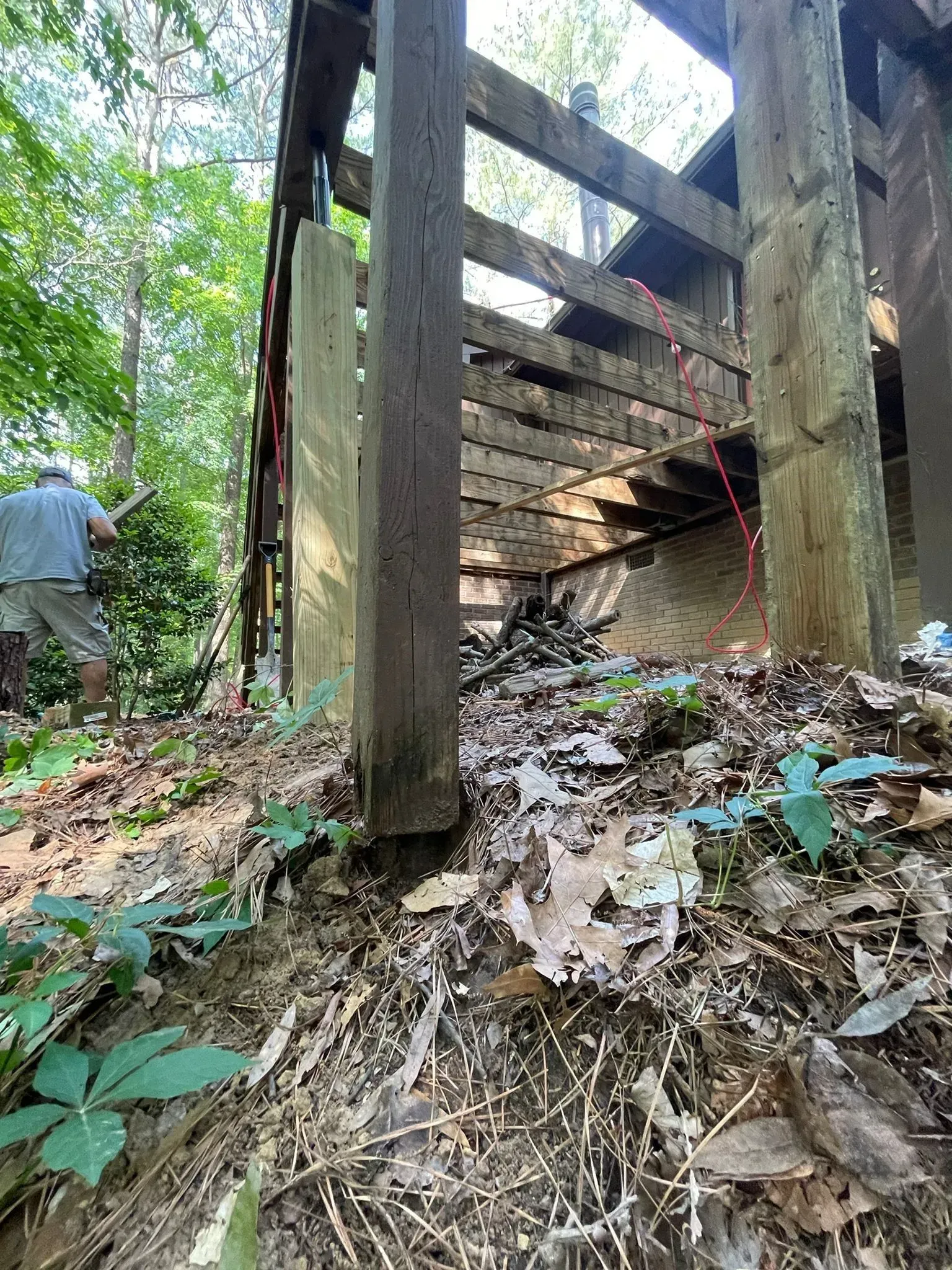 A man is standing under a wooden bridge in the woods.