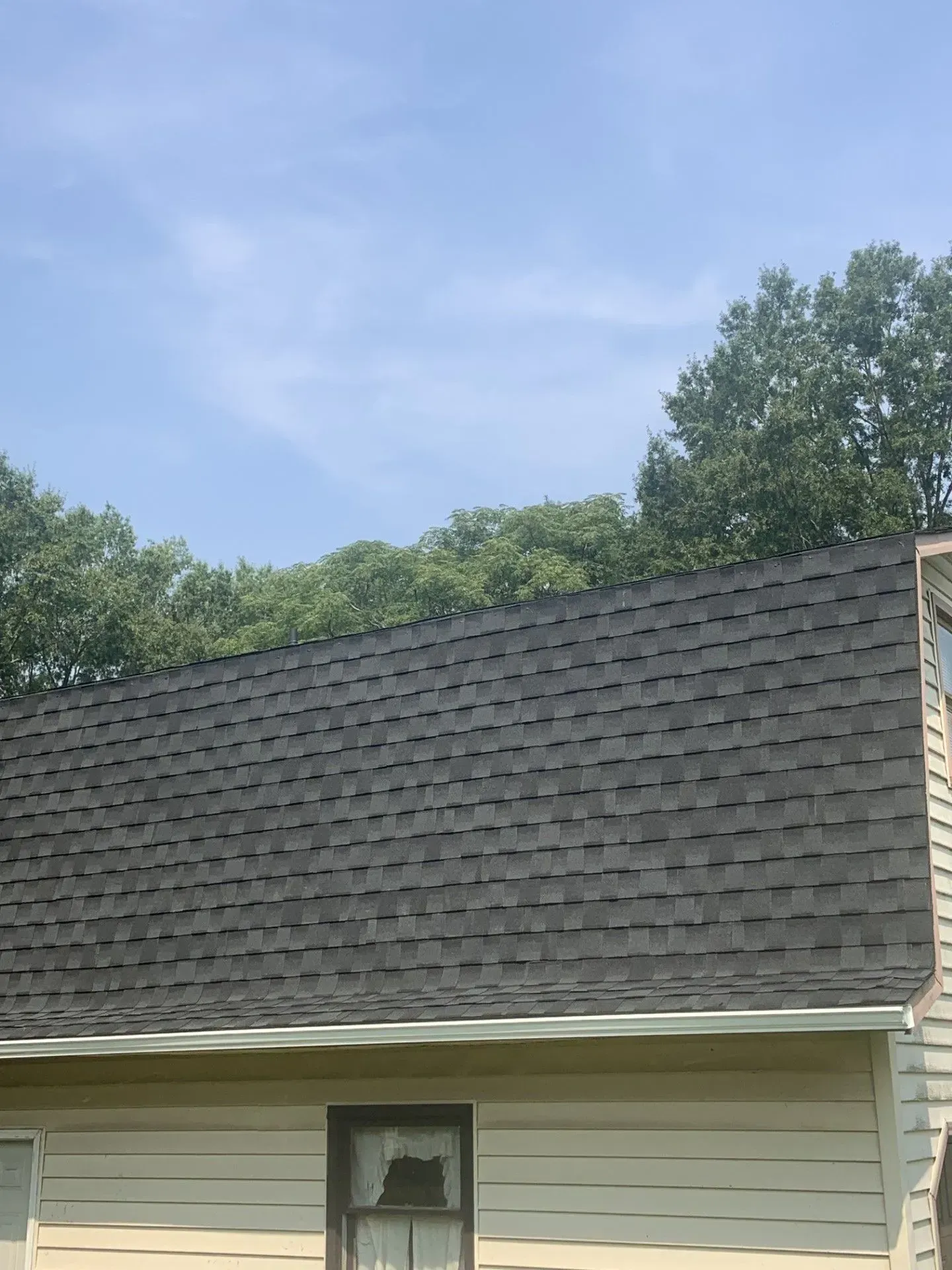 A house with a black roof and trees in the background.