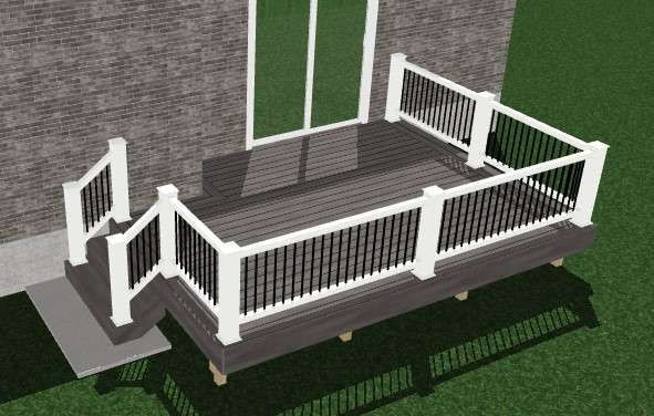 A computer generated image of a deck with a white railing.