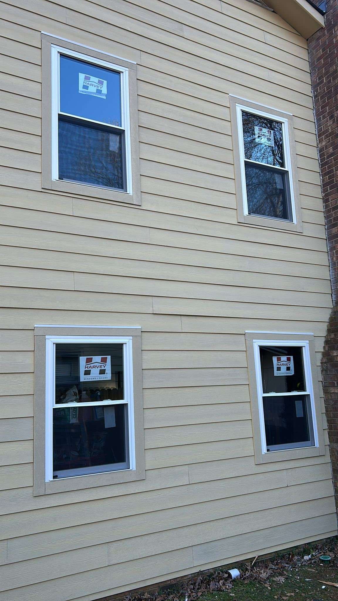 Tan house siding with four white-framed windows, two on top, two below.