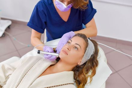 A woman is getting a facial treatment at a beauty salon.