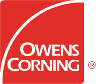 Owens Corning logo in white on a red square with a curved white line, registered trademark symbol.