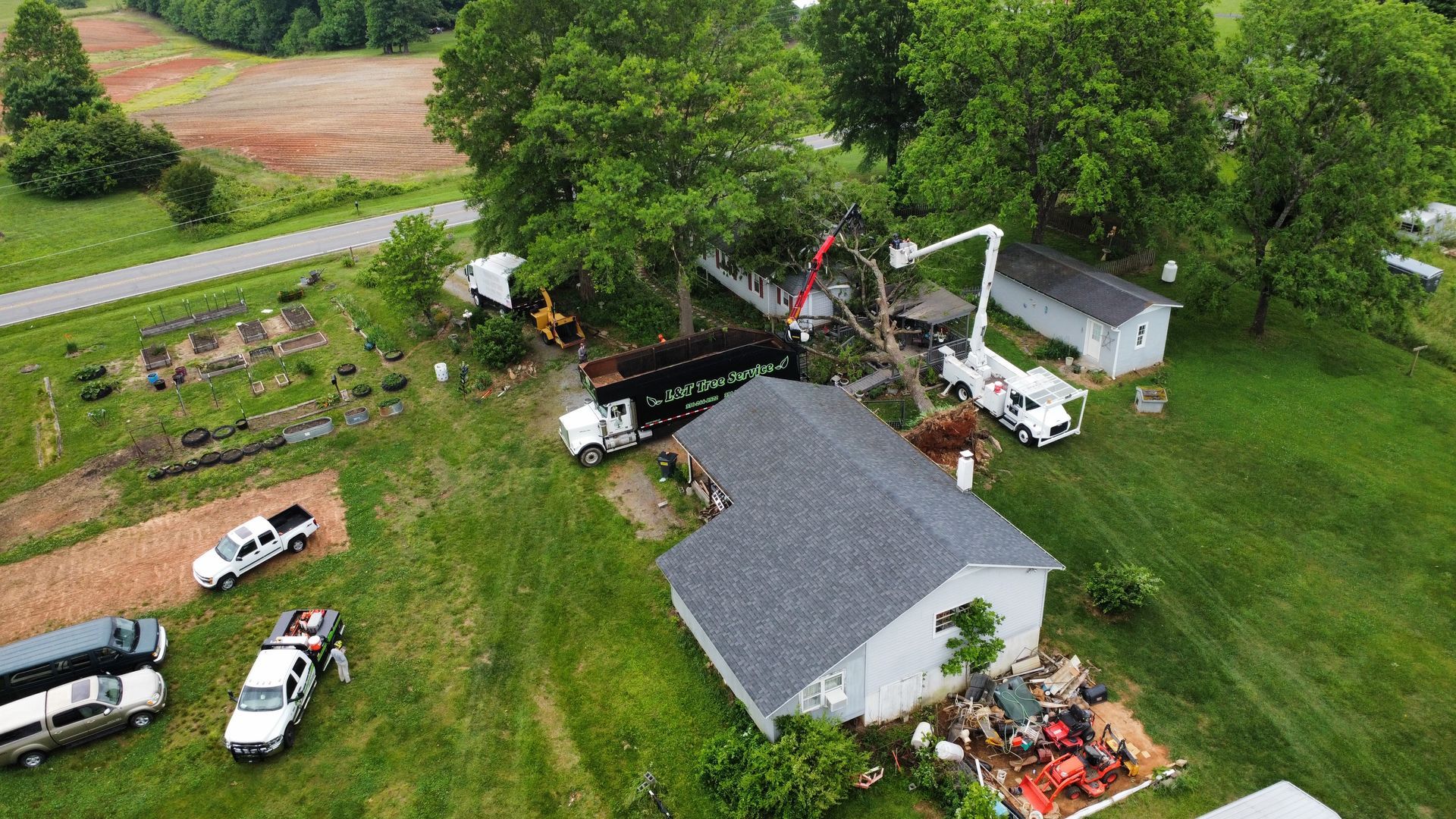 Tree removal in progress near a house; multiple trucks and a lift are being used.