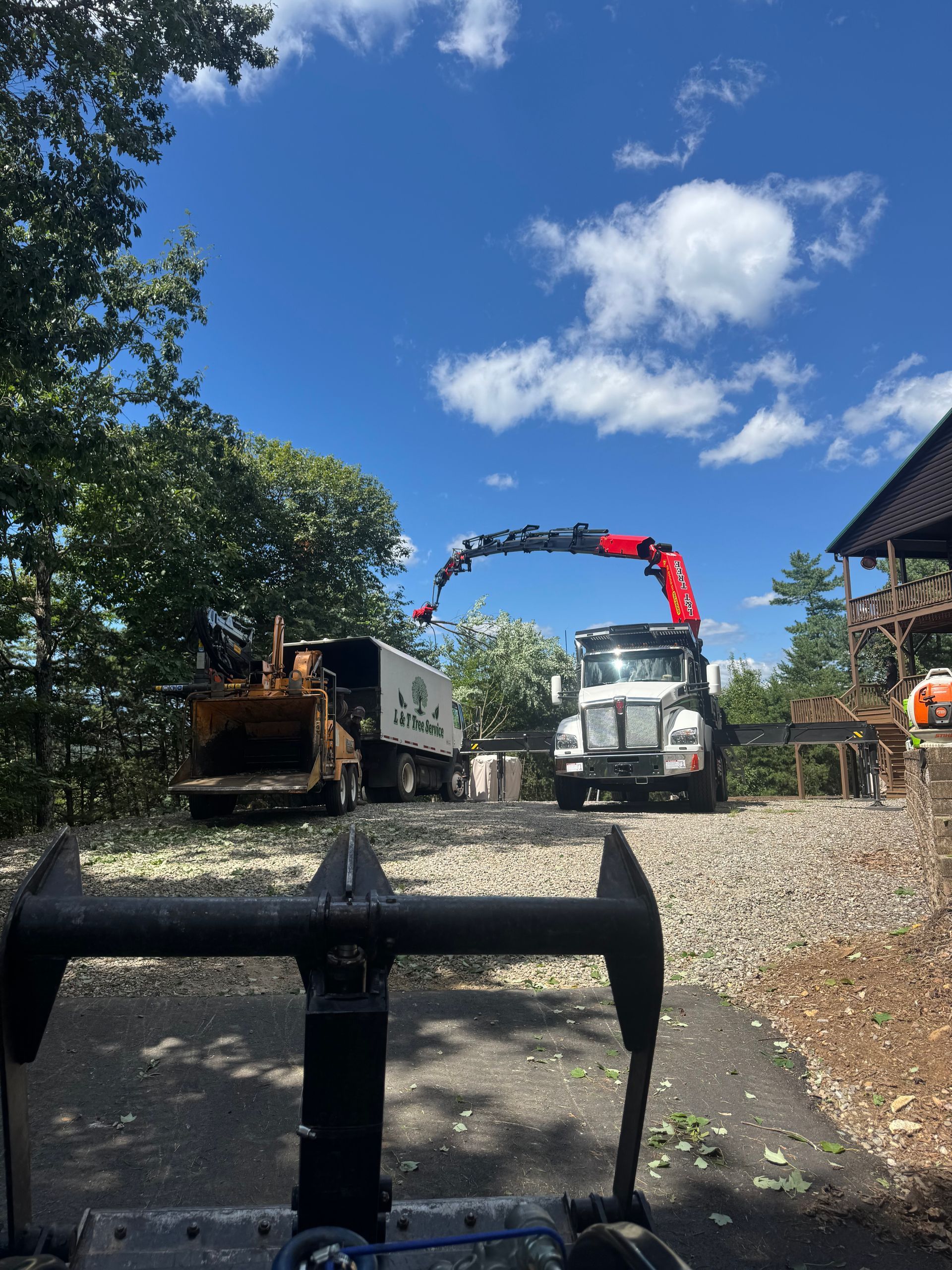 Tree service equipment: chipper, crane truck. Branches being processed, blue sky, trees.