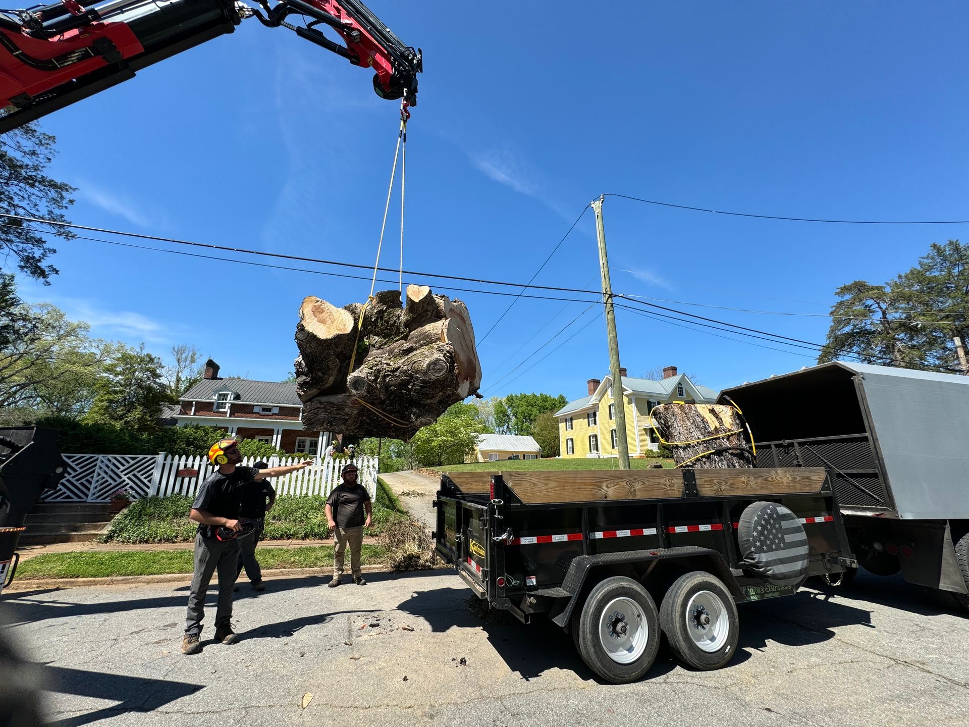 A crane lifting a large tree stump into a trailer, with workers observing under a blue sky.