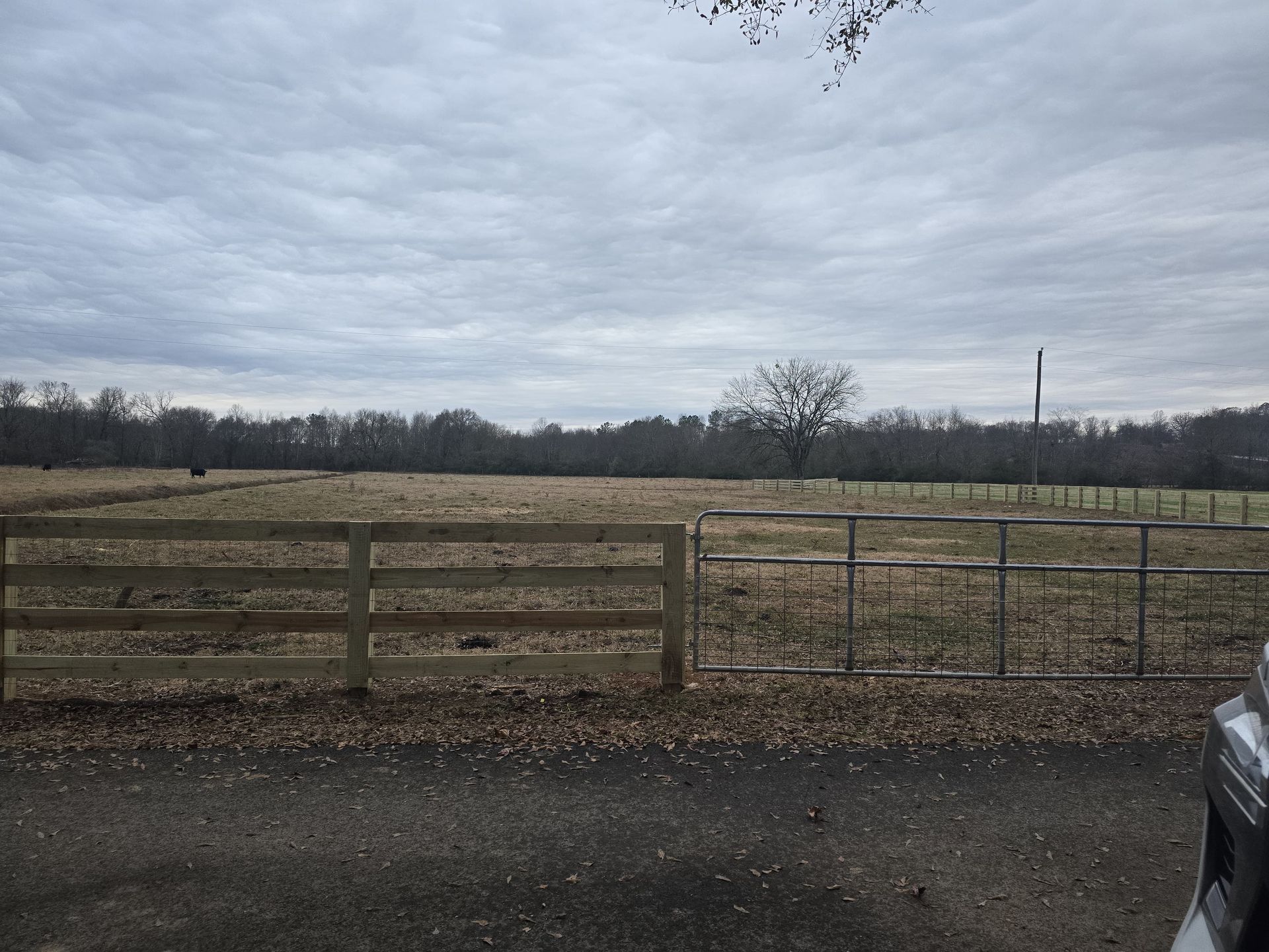Field with brown fence under a cloudy sky. Trees line the horizon.
