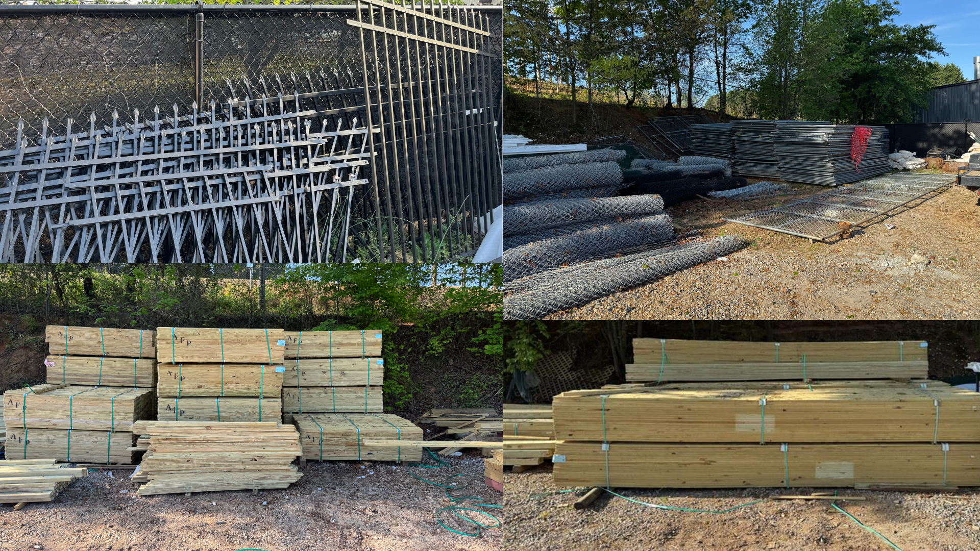 Black wooden gate with vertical slats, set in a paved driveway, with trees in the background.