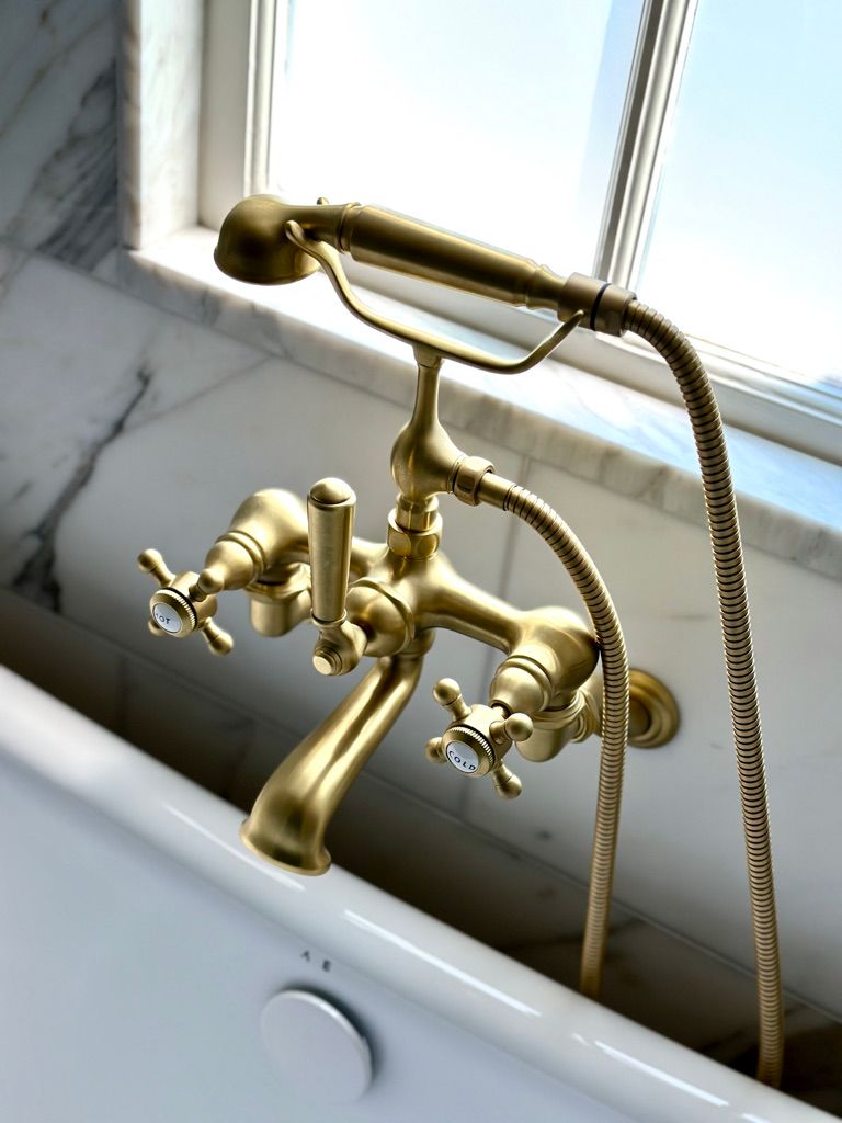 Golden bathtub faucet with hand shower against white marble wall.