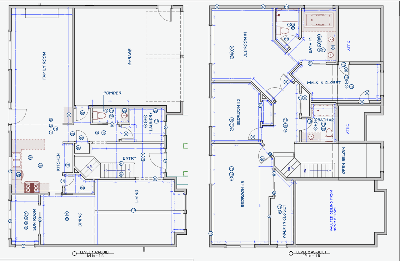 Two-story floor plan with labeled rooms. Kitchen, living room, and bedrooms are visible. Blue lines and text on white background.