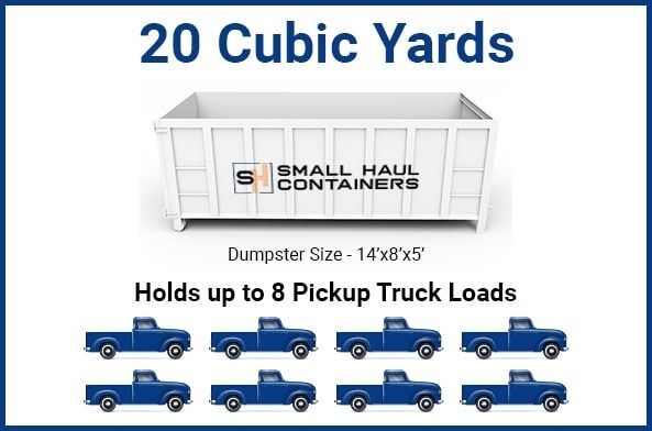 A white 20 cubic yard dumpster with blue text and eight blue pickup truck illustrations.