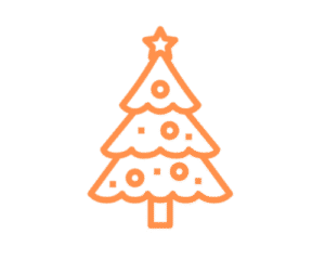 Orange Christmas tree icon with star and ornaments.