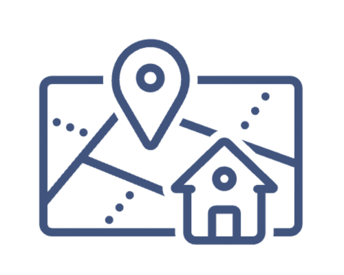 Map with location pin and house icon, indicating home location.