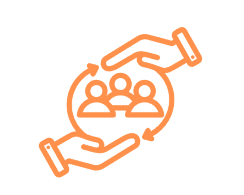 Orange hands cupping three people inside a circle, representing support and care.