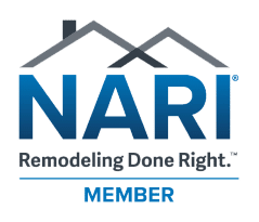 NARI logo with a stylized house silhouette and blue text: NARI, Remodeling Done Right. Member.