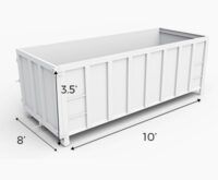 White rectangular dumpster with dimensions labeled: 10' long, 8' wide, 3.5' tall.