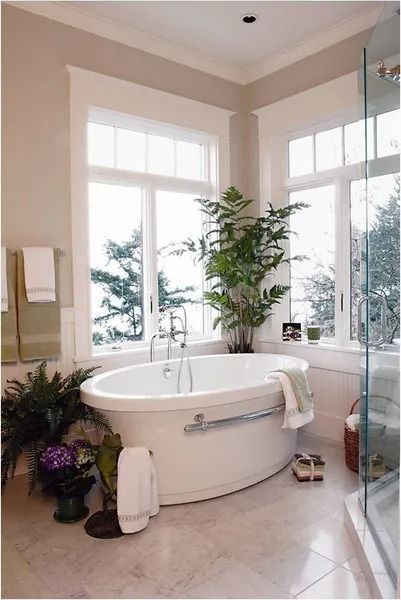 Elegant bathroom with oval tub, large windows, and plants.