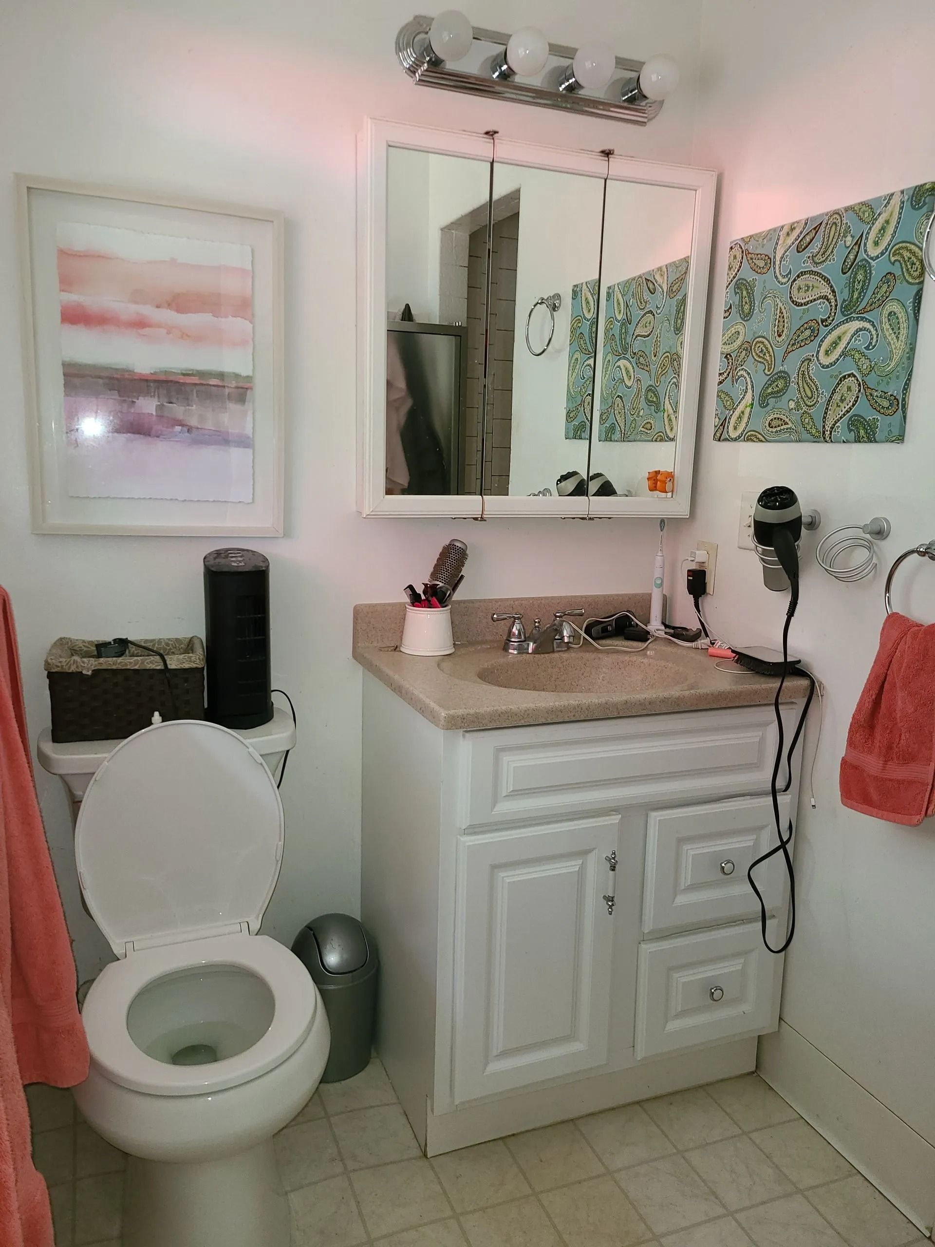 Small bathroom with a toilet, sink, and mirror; pink and blue accents.