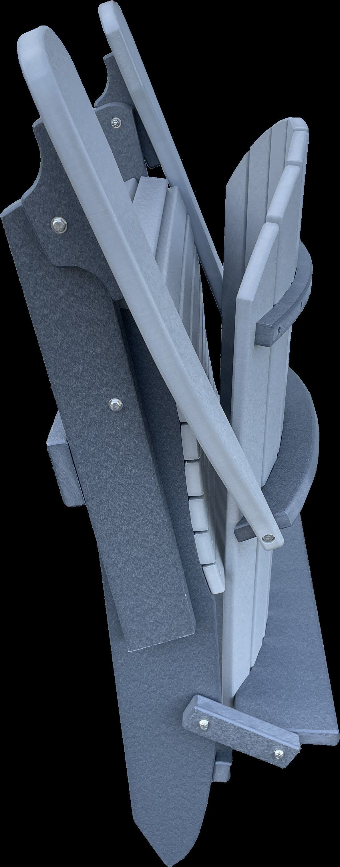 A close up of a folding chair on a black background.