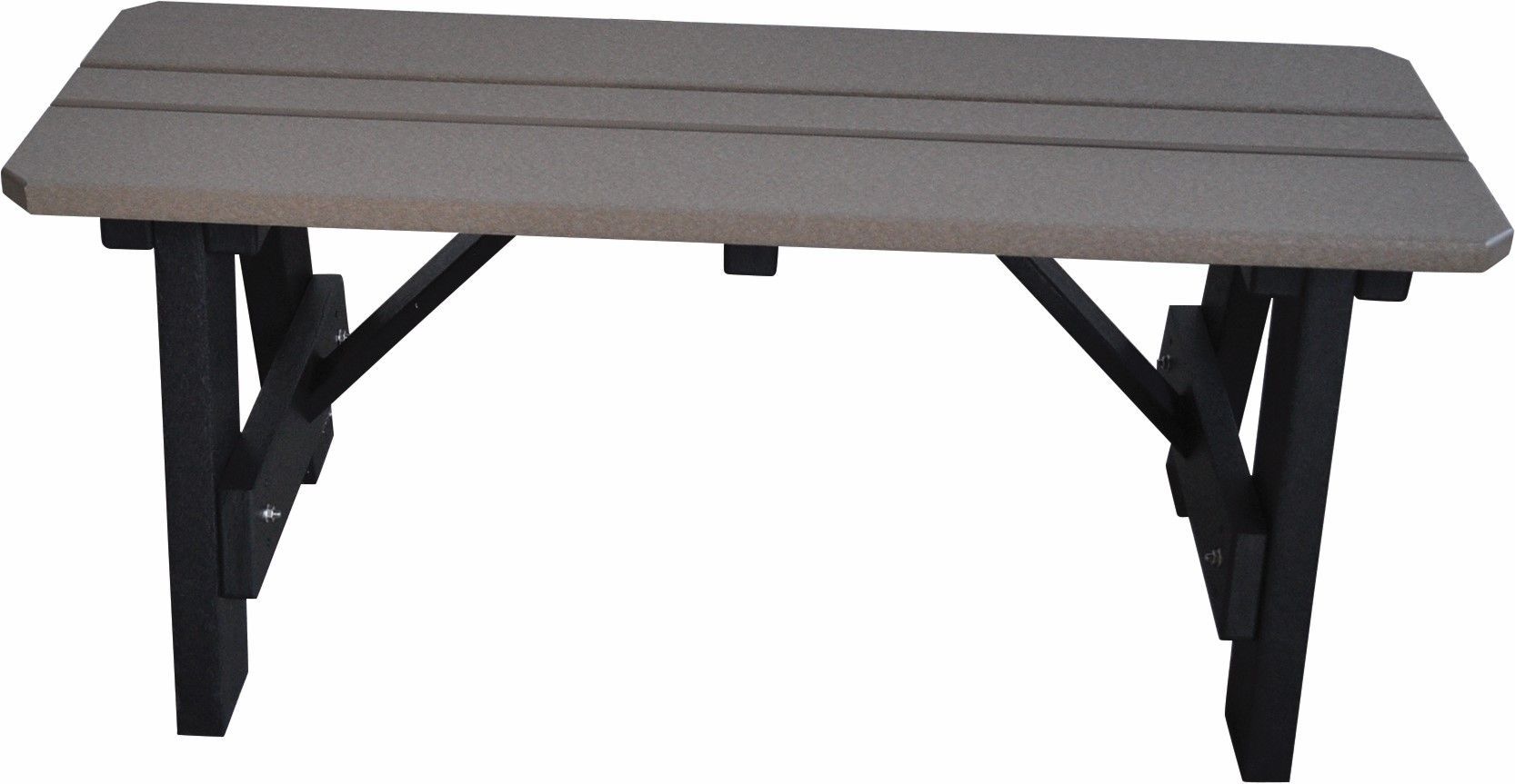 A wooden bench with black legs on a white background