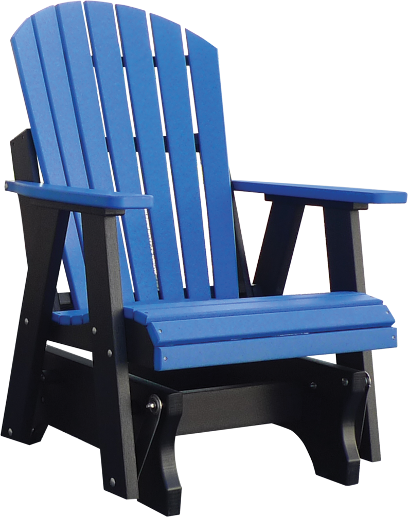 A blue and black adirondack chair on a white background
