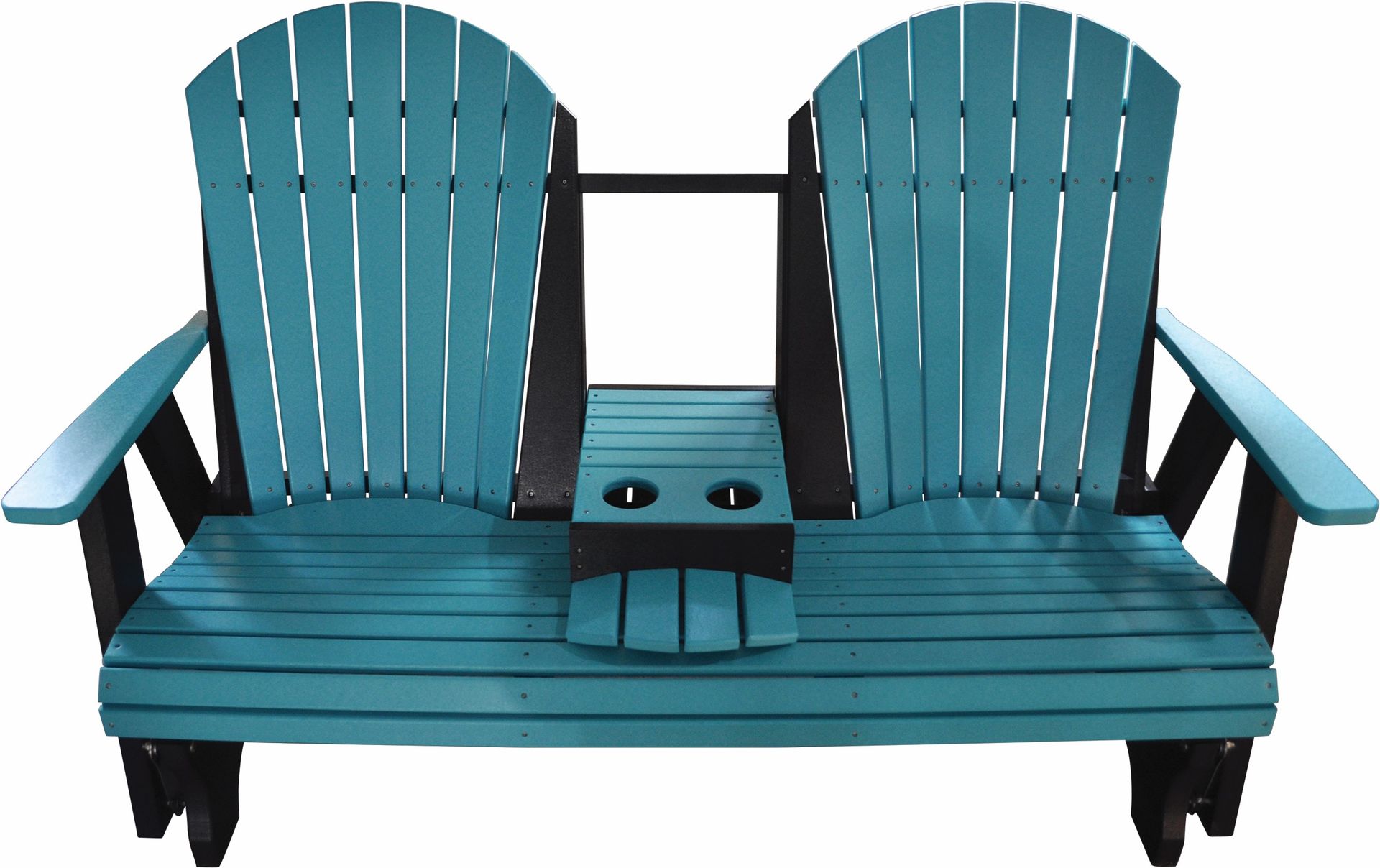 A blue bench with two chairs and a cup holder